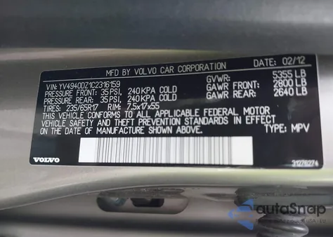 2012 Volvo Xc60 3.2/3.2 Platinum/3.2 Premier/3.2 Premier Plus z USA, uszkodzony, nr VIN YV4940DZ1C2316159